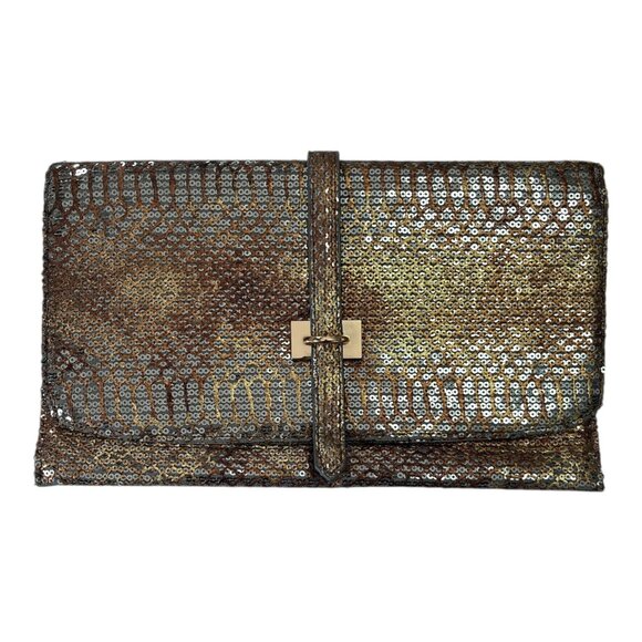 Bangles & Bags Bronze Sequin Clutch Purse – Metallic Foldover Evening Bag 11x7 - Picture 1 of 7